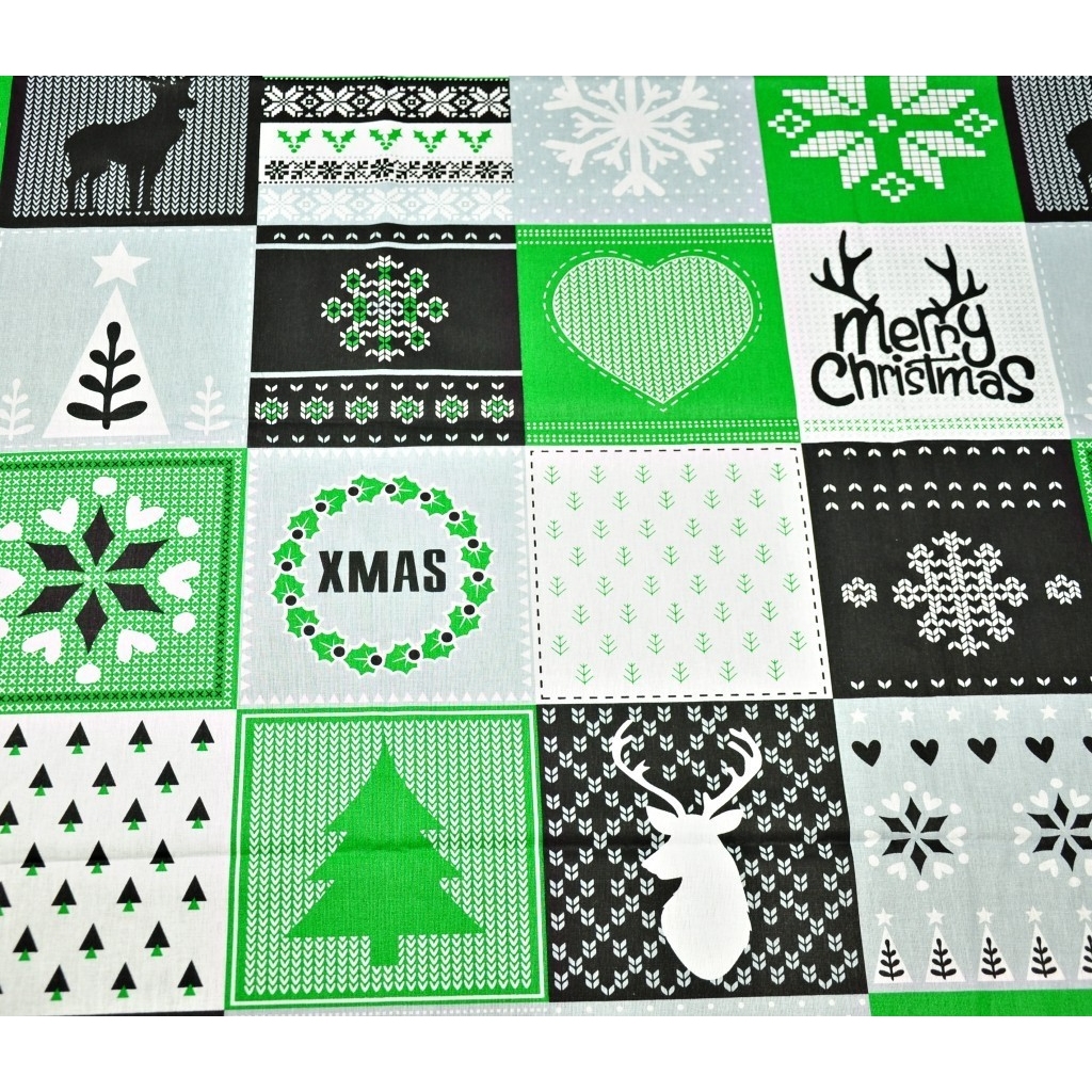 Tkanina Wzór świąteczny patchwork szaro zielony