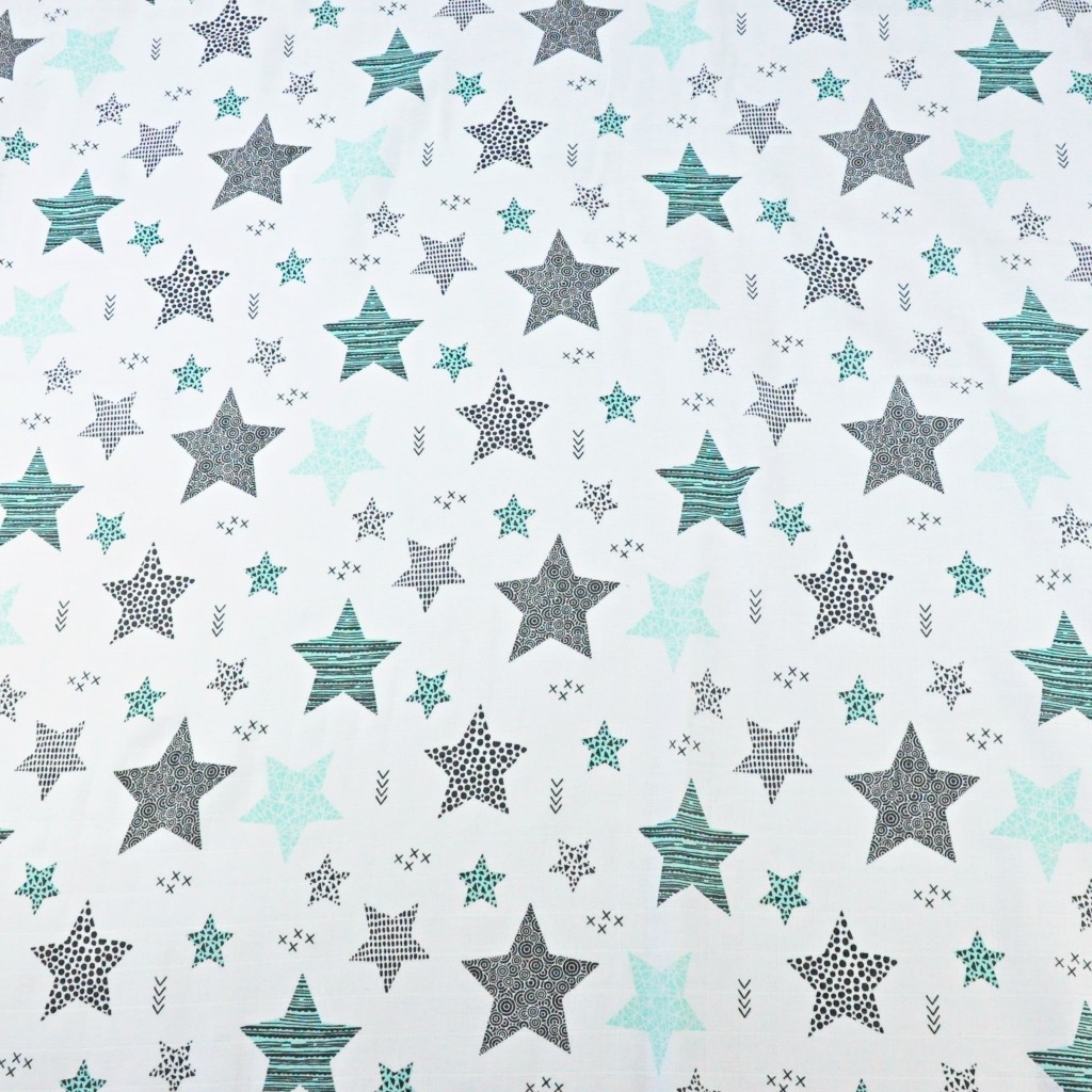 Tkanina Muślin bawełniany gwiazdki wzorzyste miętowe na białym tle
