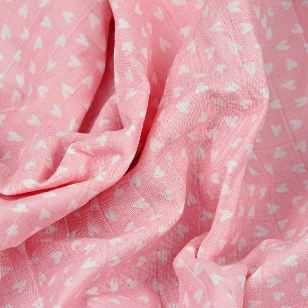Tkanina Muślin bawełniany serduszka na różowym tle