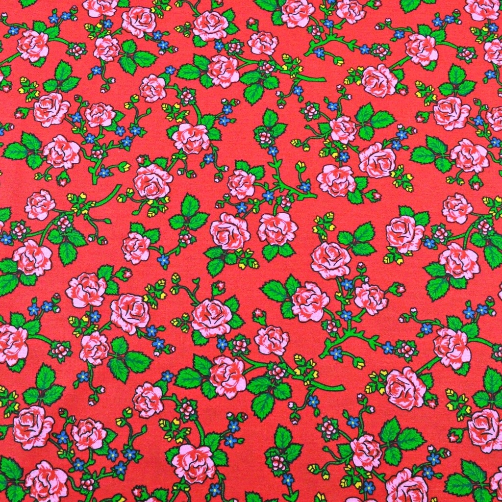 Bawełna wzór krakowski róże na czerwonym