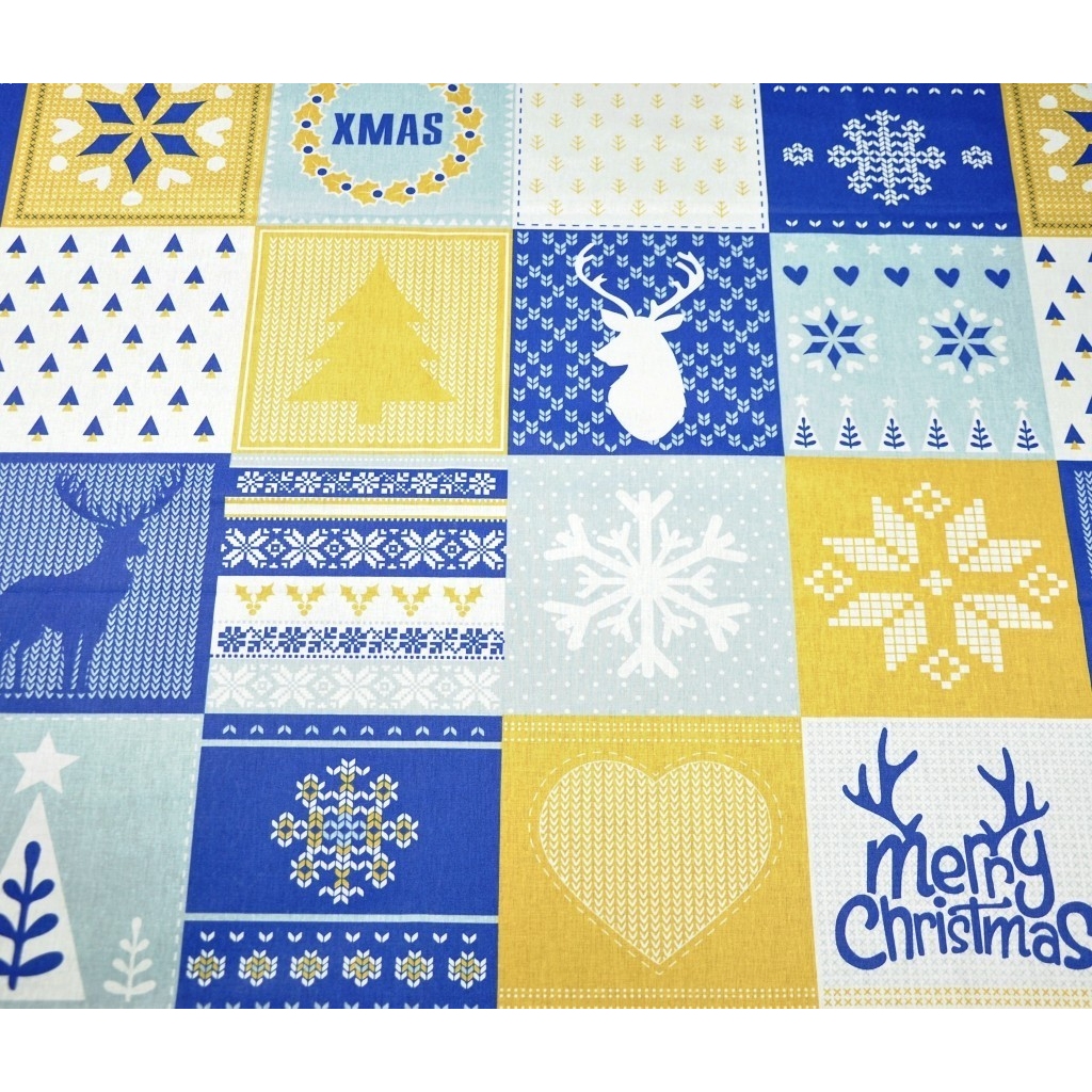 Tkanina Wzór świąteczny patchwork niebiesko beżowy