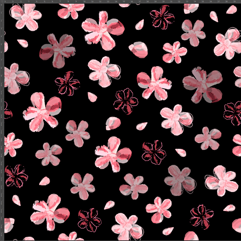 Dzianina bawełniana Interlock druk cyfrowy - różowe kwiatki na czarnym tle
