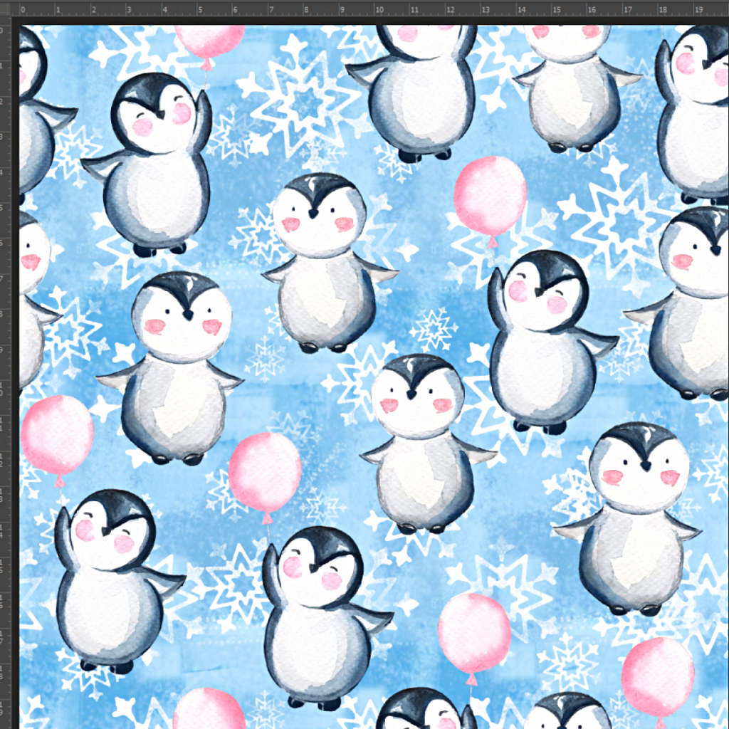 Dzianina Jersey druk cyfrowy - świąteczne pingwinki z balonikami na niebieskim tle