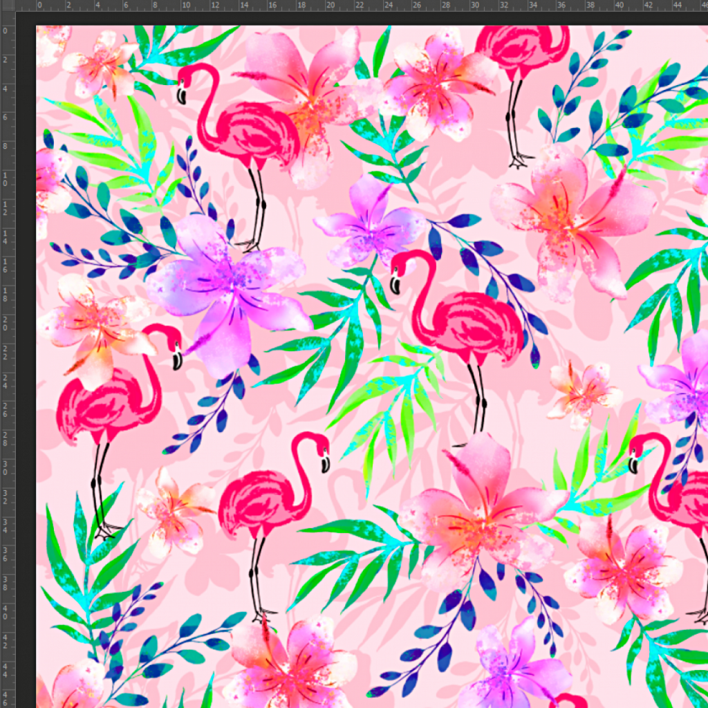 Dzianina bawełniana Jersey druk cyfrowy - flamingi w liściach i kwiatach na różowym tle