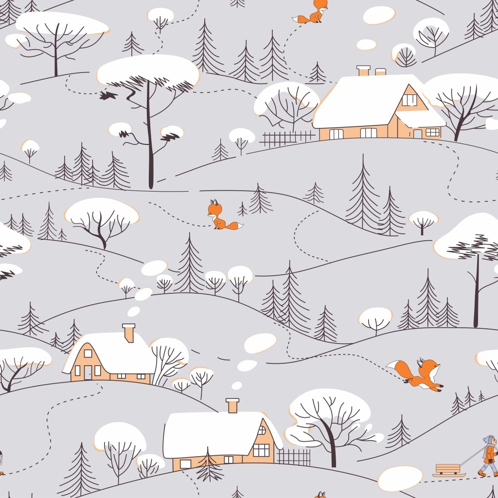 Bawełna liski w zimie z pomarańczowymi domkami na szarym tle