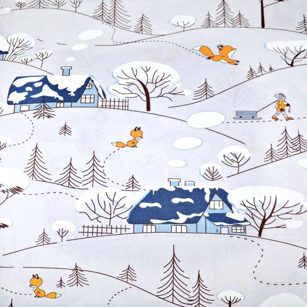 Liski w zimie z niebieskimi domkami na szarym tle