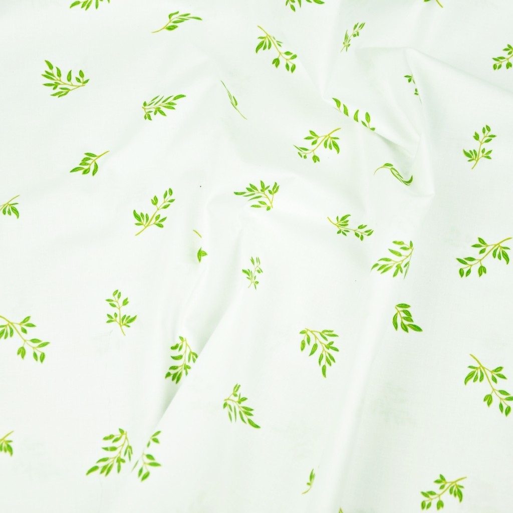 Tkanina bawełniana gałązki MINI zielone na białym tle