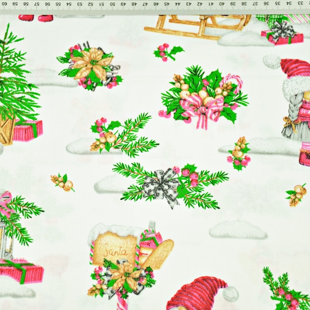 Tkanina bawełniana wzór świąteczny skrzaty na sankach na białym tle - (SZ)