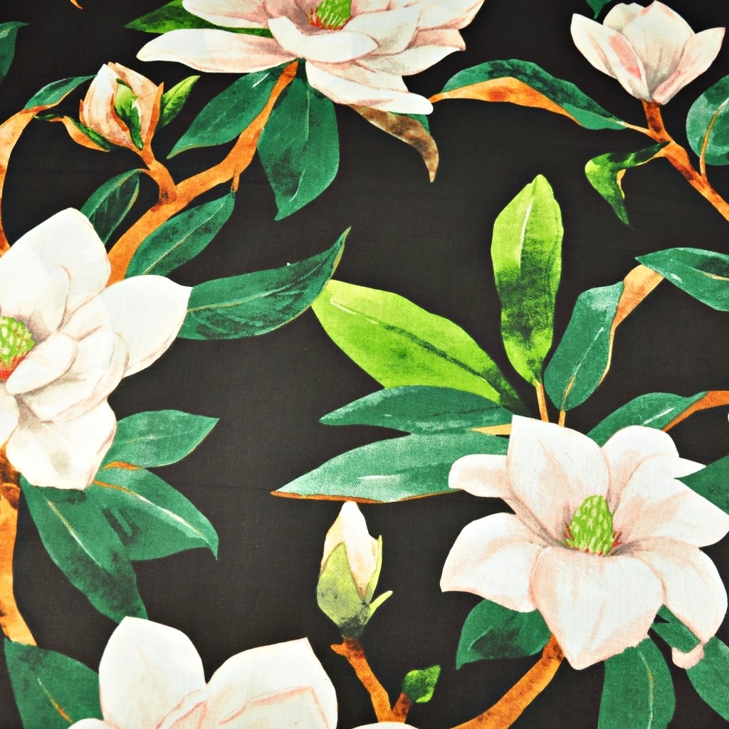 Tkanina bawełniana kwiaty magnolie na czarnym tle
