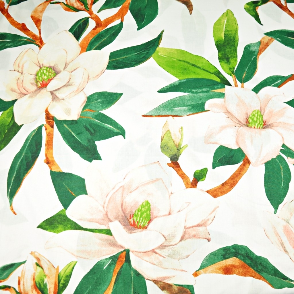 Tkanina bawełniana kwiaty magnolie na białym tle