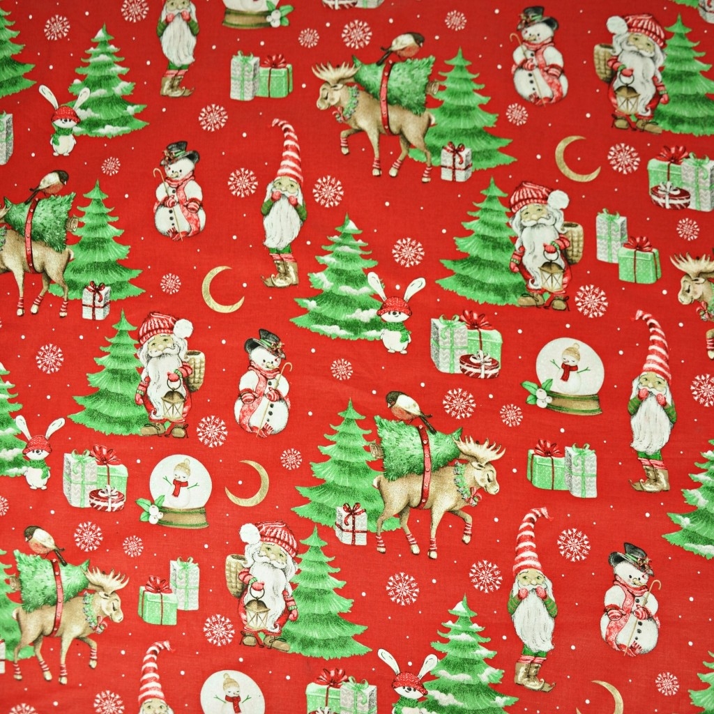Tkanina bawełniana wzór świąteczny mikołaje z księżycem na czerwonym tle