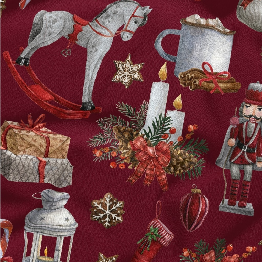 Tkanina bawełniana wzór świąteczny dziadek do orzechów na czerwonym tle