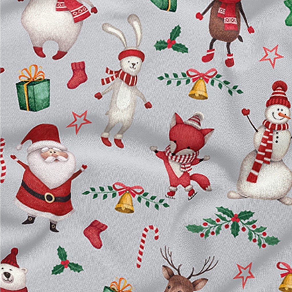 Tkanina bawełniana wzór świąteczny wesołe zwierzaki na jasno szarym tle tle