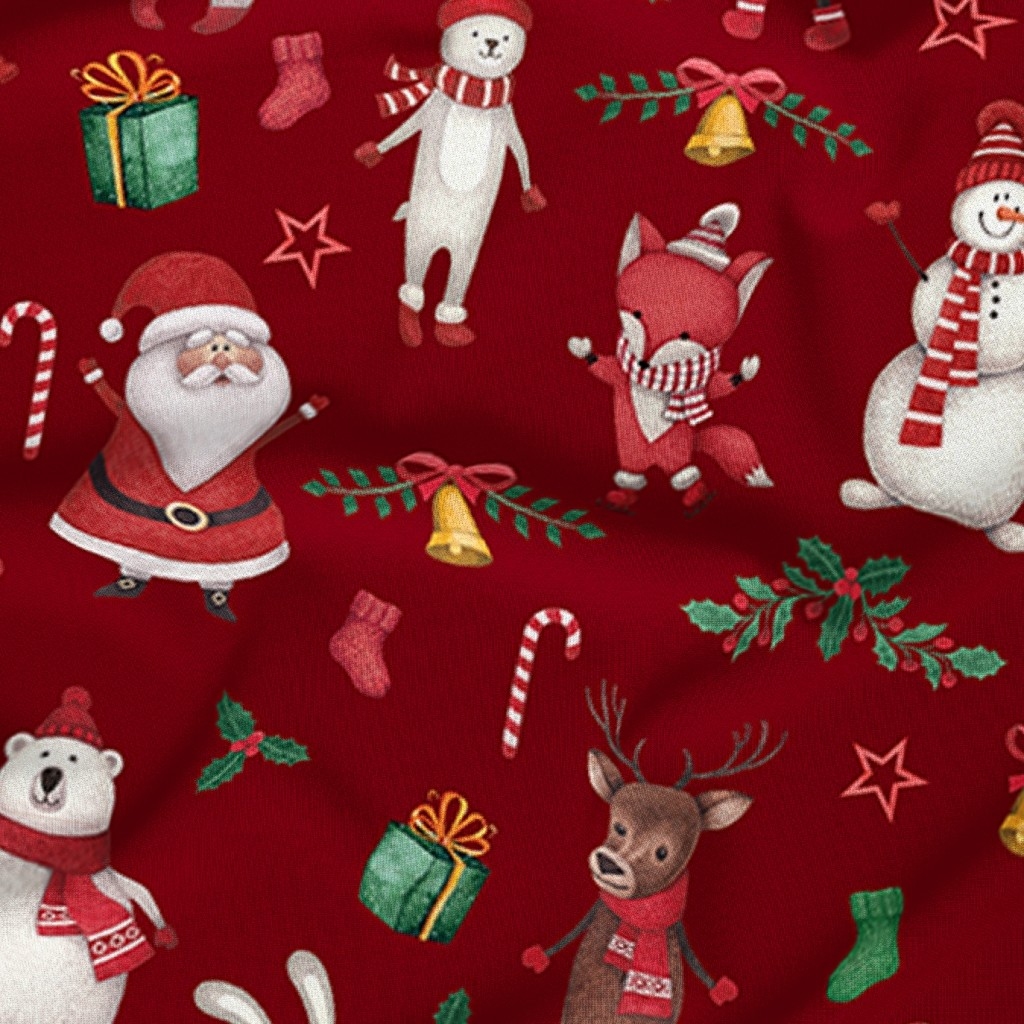 Tkanina bawełniana wzór świąteczny wesołe zwierzaki na czerwonym tle