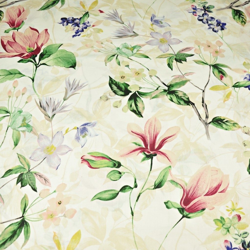 Tkanina bawełniana kwiaty magnolia z powojnikiem na ecru tle