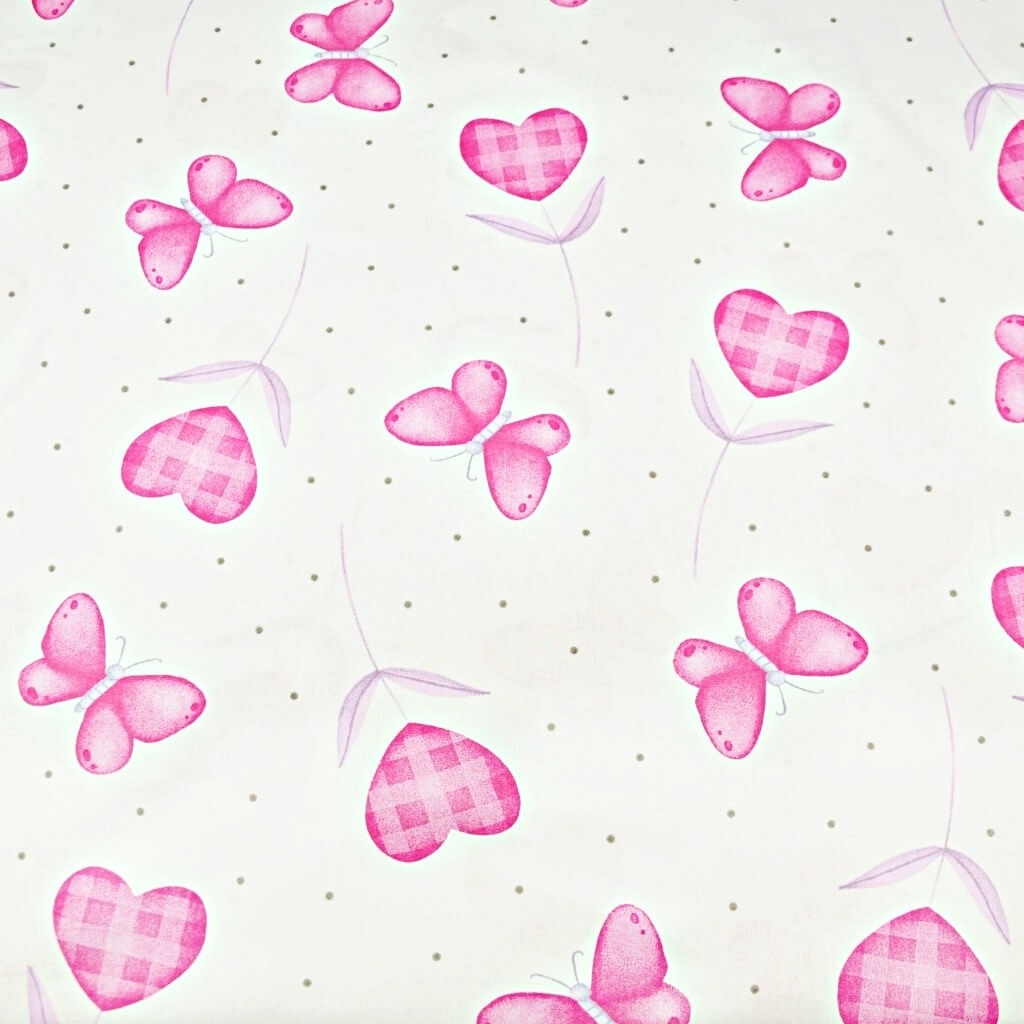 Tkanina bawełniana serduszka z motylkami różowymi na białym tle