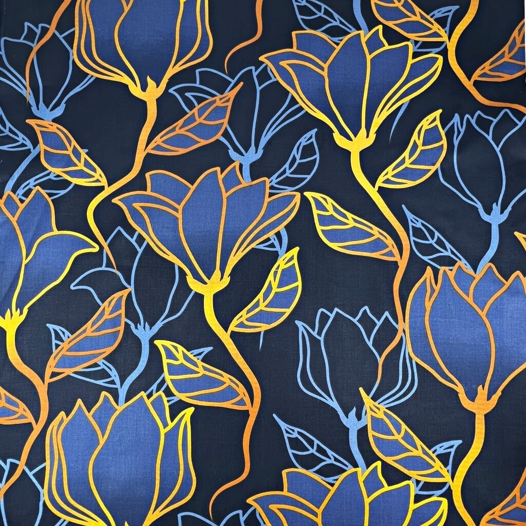 Tkanina bawełniana kwiaty kontury granatowo-pomarańczowe na granatowym - 220 cm