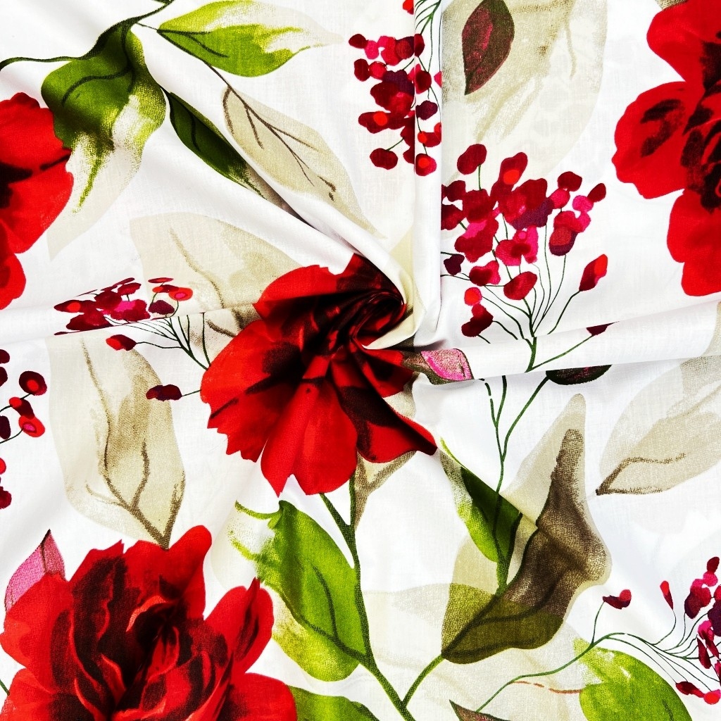 Tkanina bawełniana Kwiaty duże róże czerwone na białym tle
