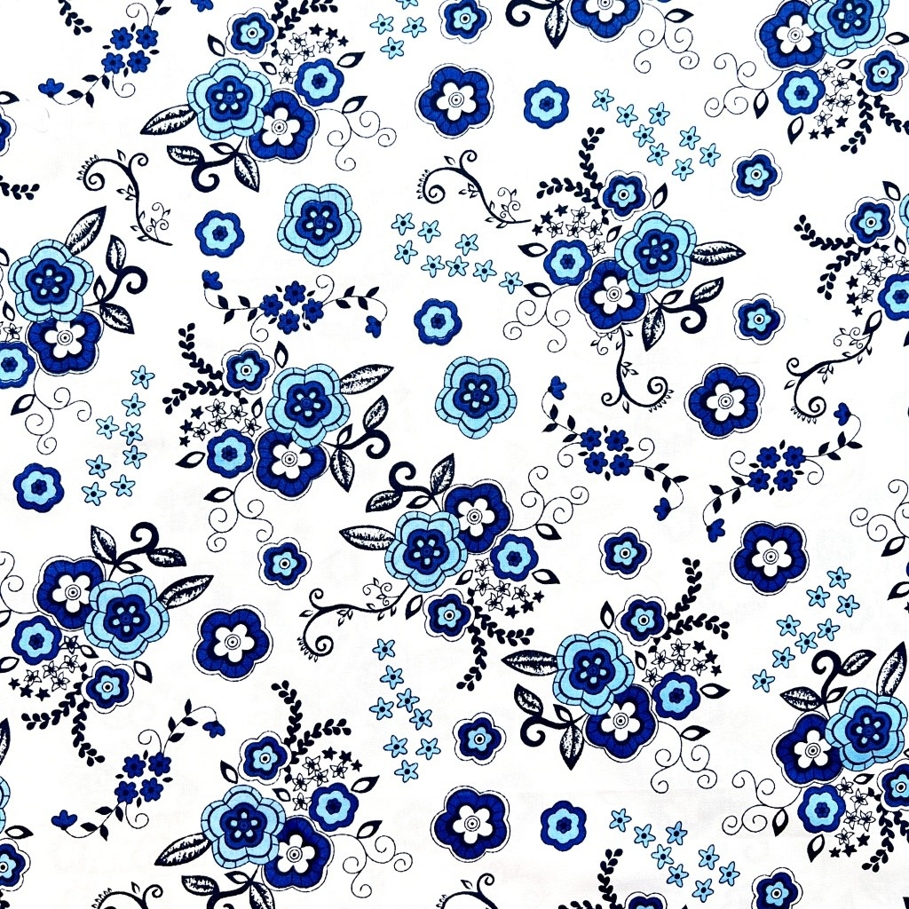 Tkanina bawełniana kwiaty ludowe niebieskie na białym tle