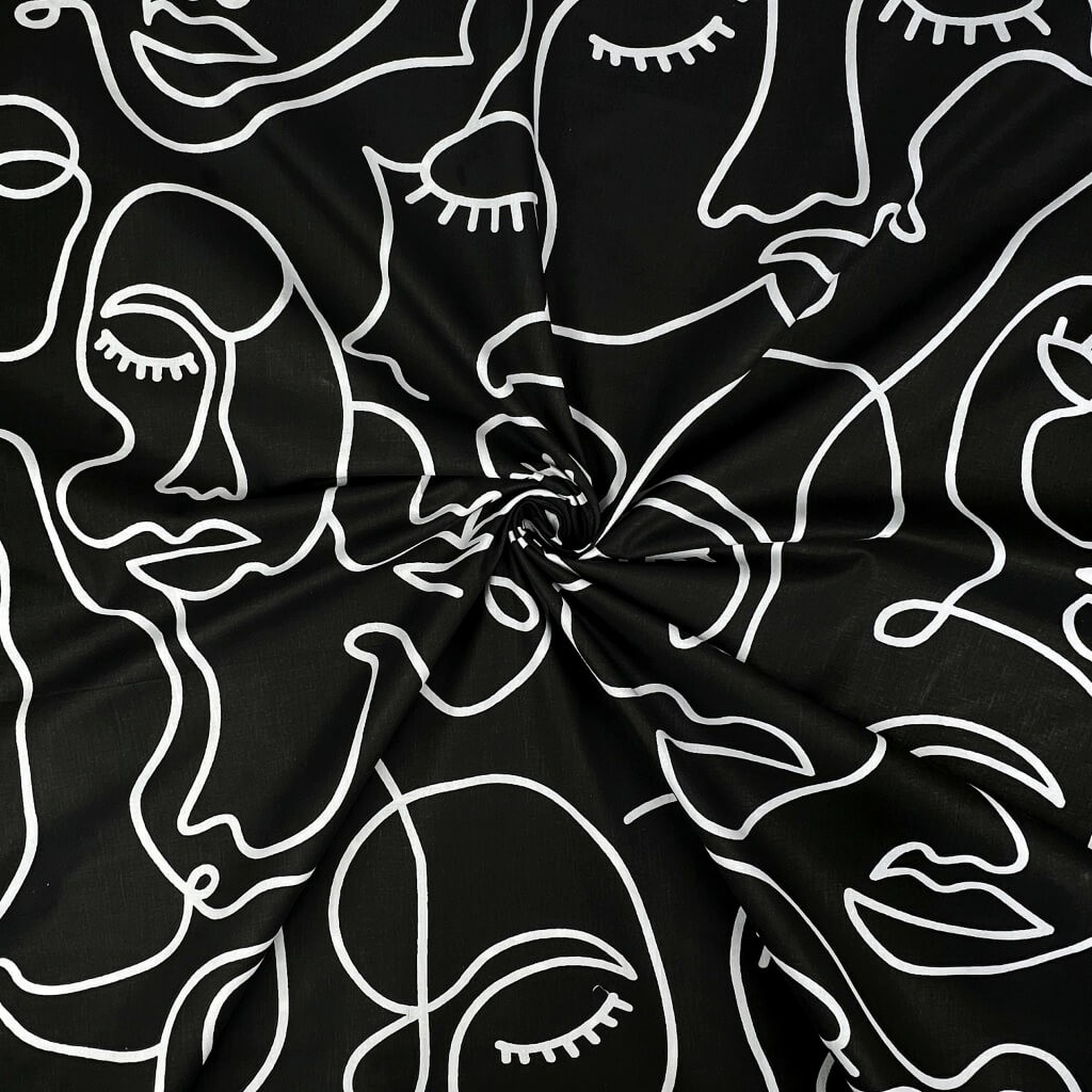 Tkanina bawełniana minimalistyczne twarze linie na czarnym 220 cm