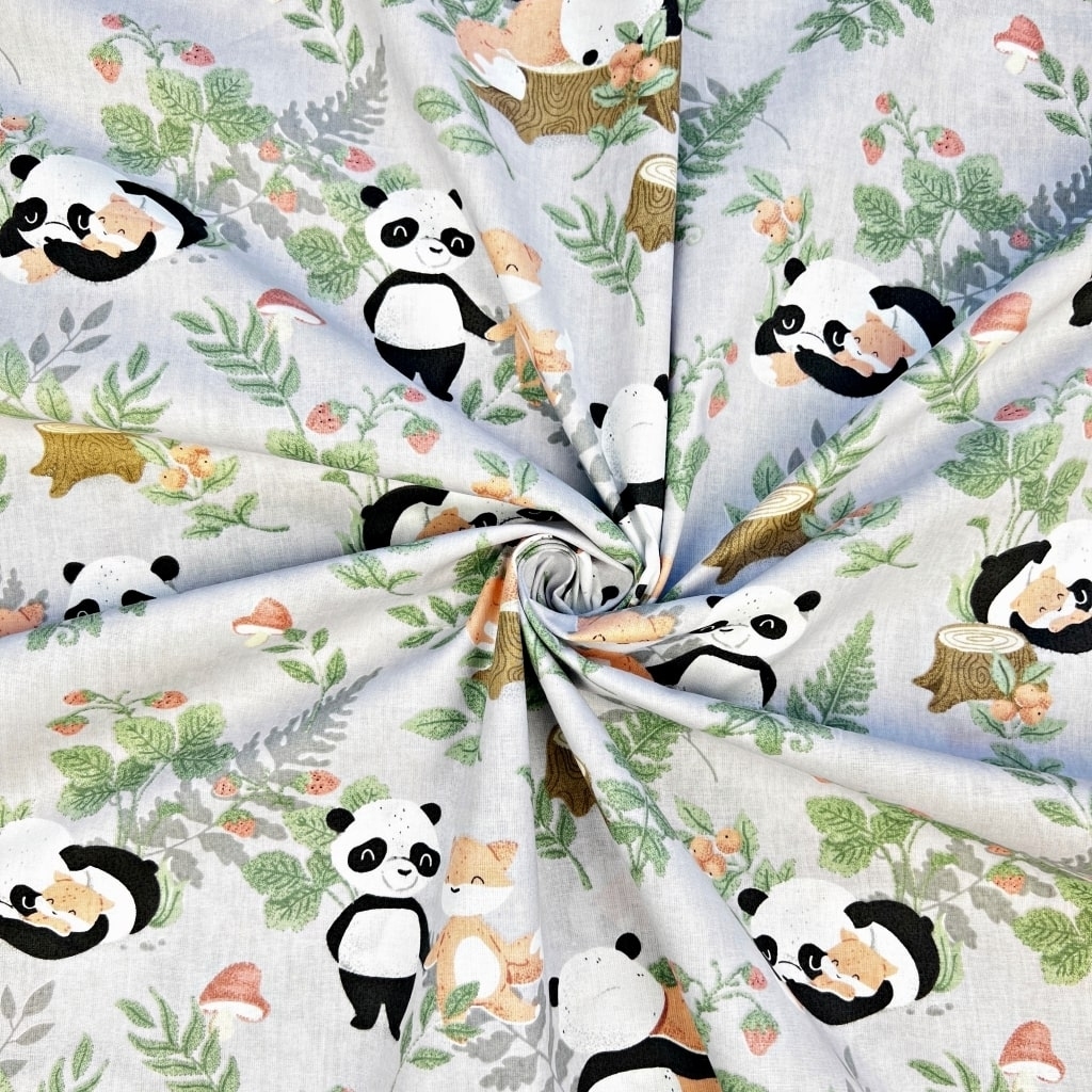 Tkanina bawełniana pandy z liskami na szarym tle