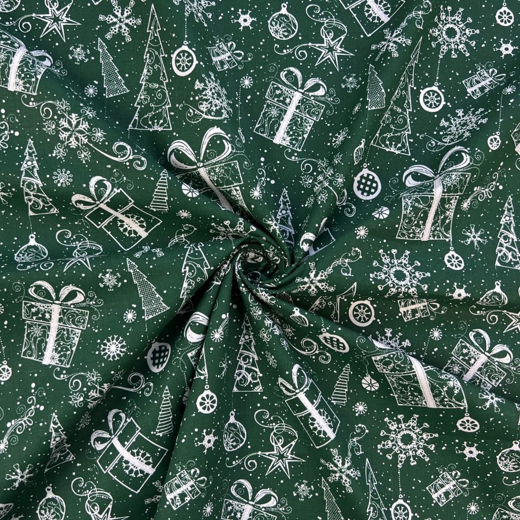 Tkanina bawełniana wzór świąteczny kontury choinki z prezentami na zielonym tle