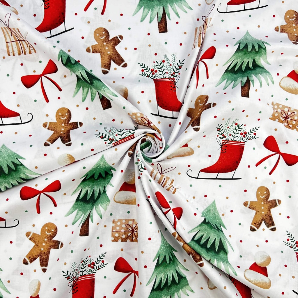 Tkanina bawełniana wzór świąteczny łyżwy, choinka i pierniki na białym tle