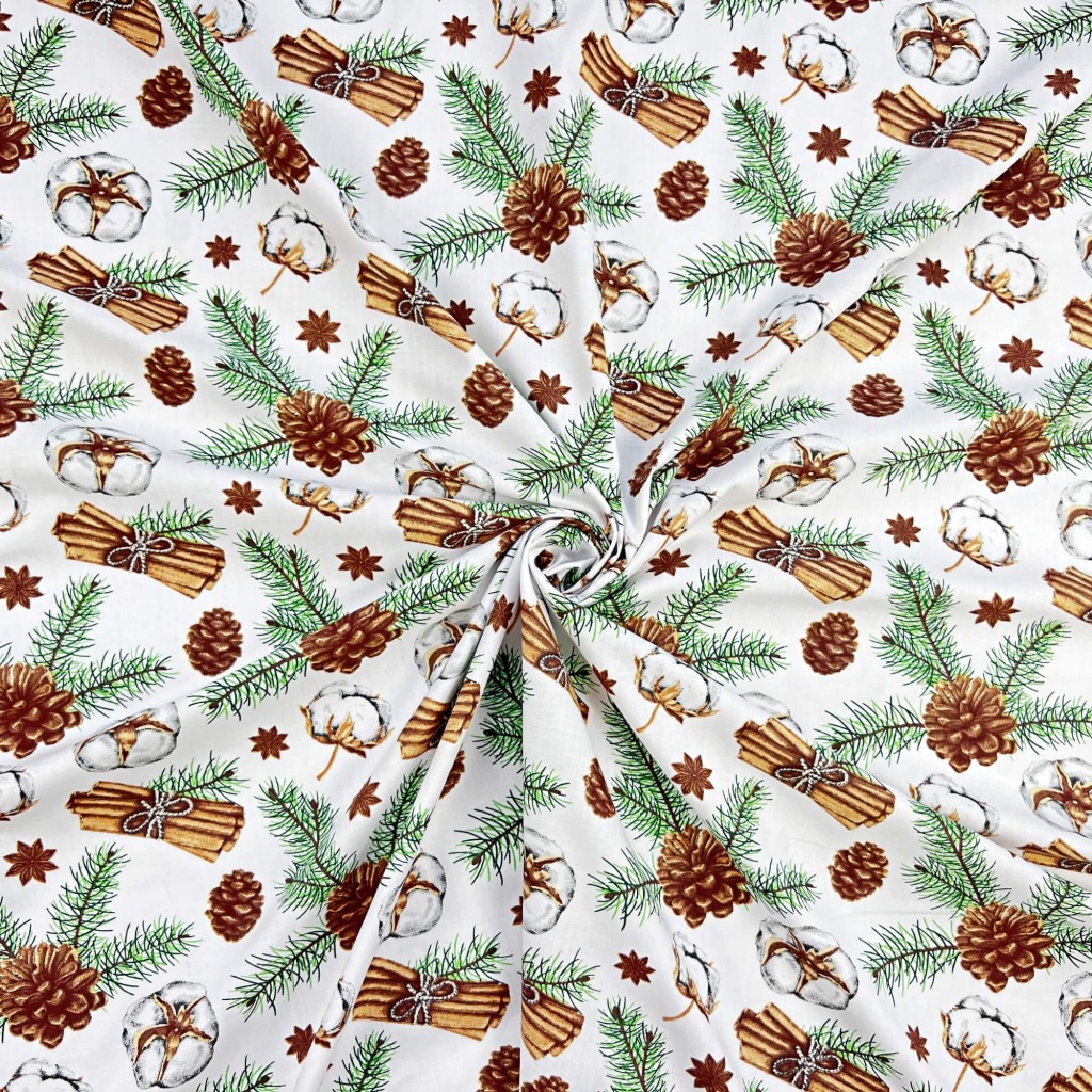 Tkanina bawełniana wzór świąteczny kwiaty bawełny z cynamonem