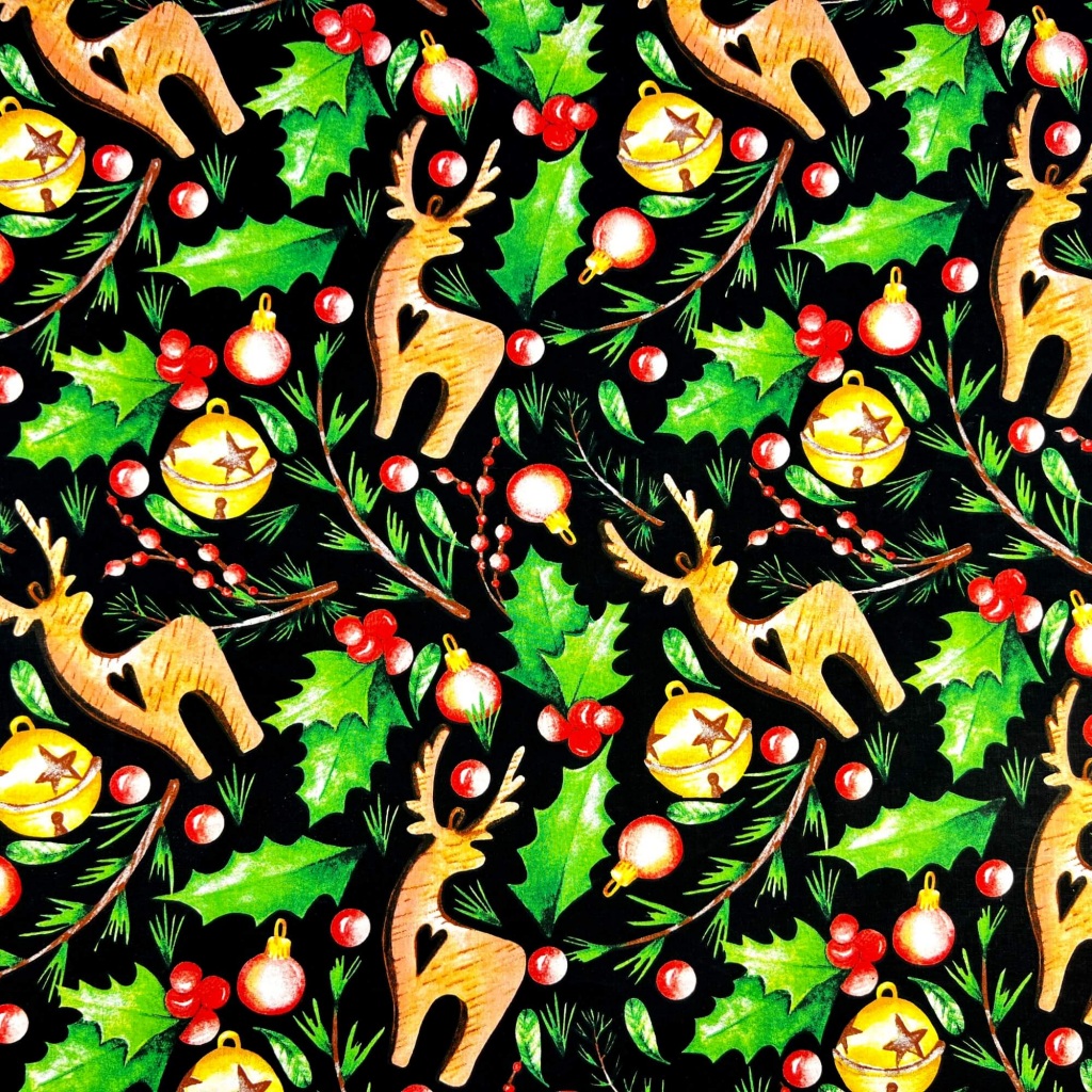Tkanina bawełniana wzór świąteczny z ostrokrzewem na czarnym tle