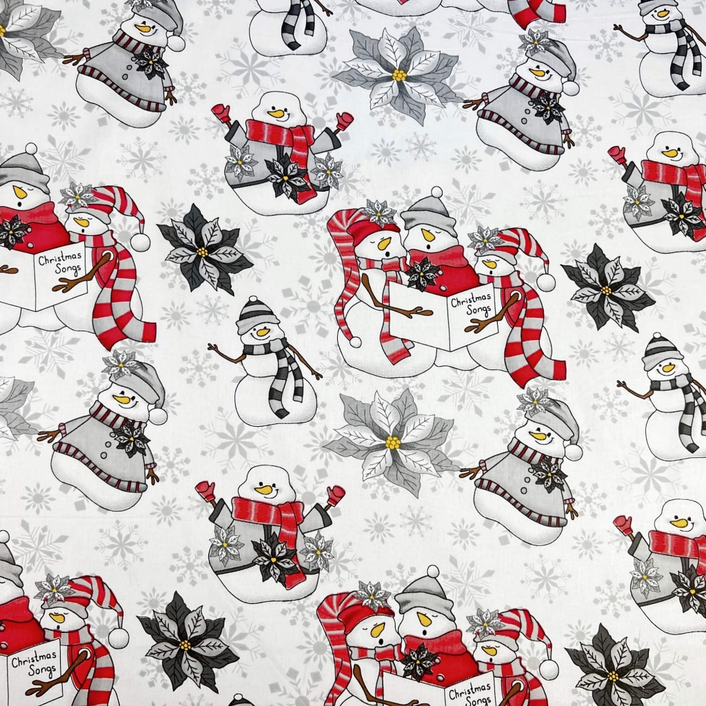 Tkanina bawełniana wzór świąteczny bałwanki czerwono szare na białym tle