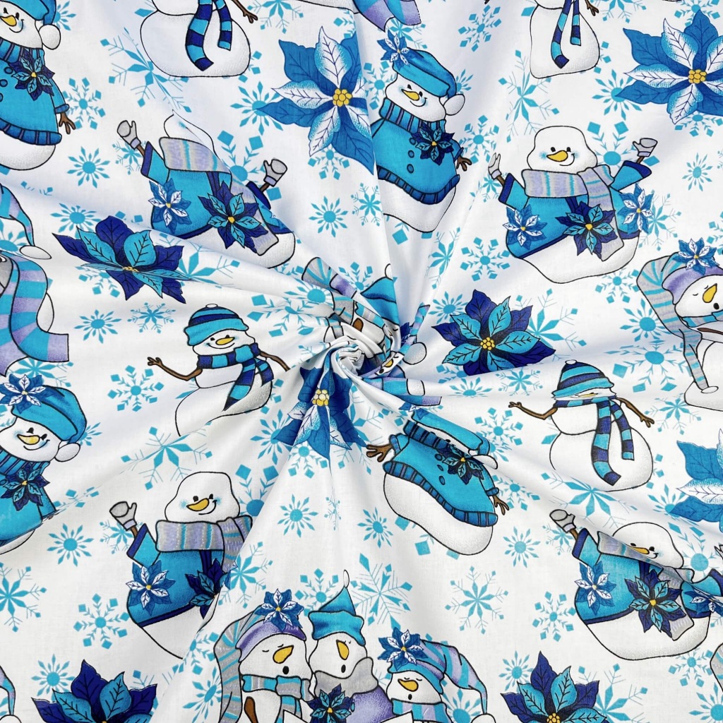 Tkanina bawełniana wzór świąteczny bałwanki niebiesko szare na białym tle