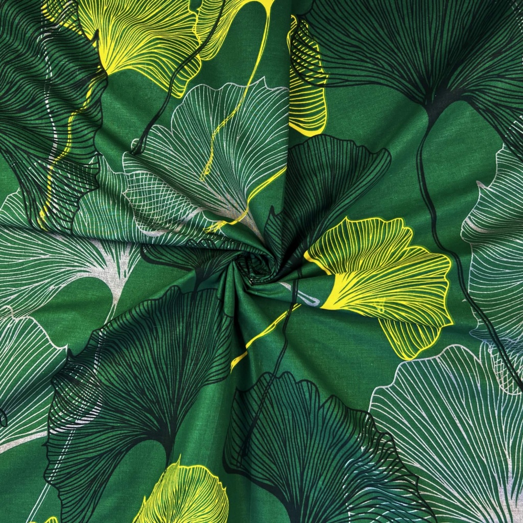 Tkanina bawełniana liście miłorząb żółto szare na ciemno zielonym tle - 220cm