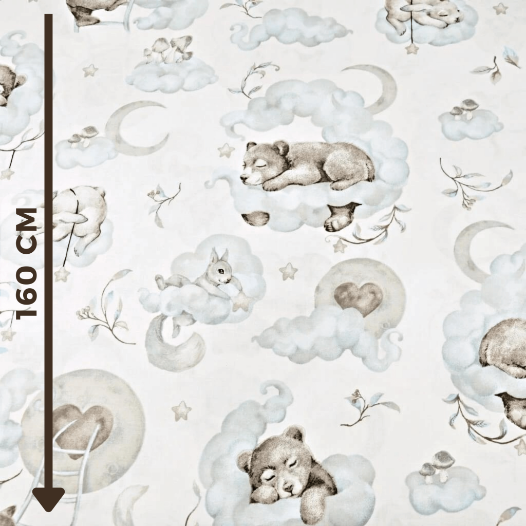Tkanina bawełniana zwierzątka śpiące z piernikami niebiesko-szare na białym tle