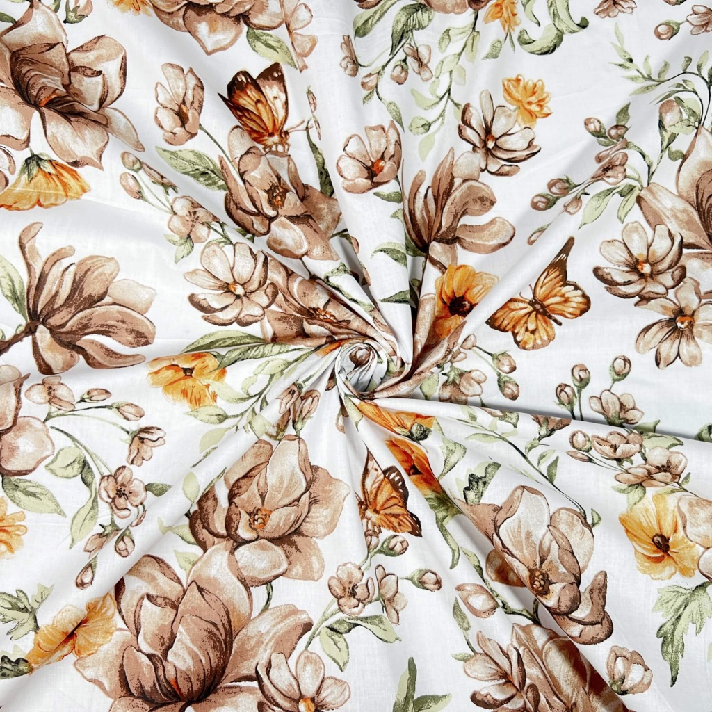Tkanina bawełniana kwiaty brązowo pomarańczowe na białym tle