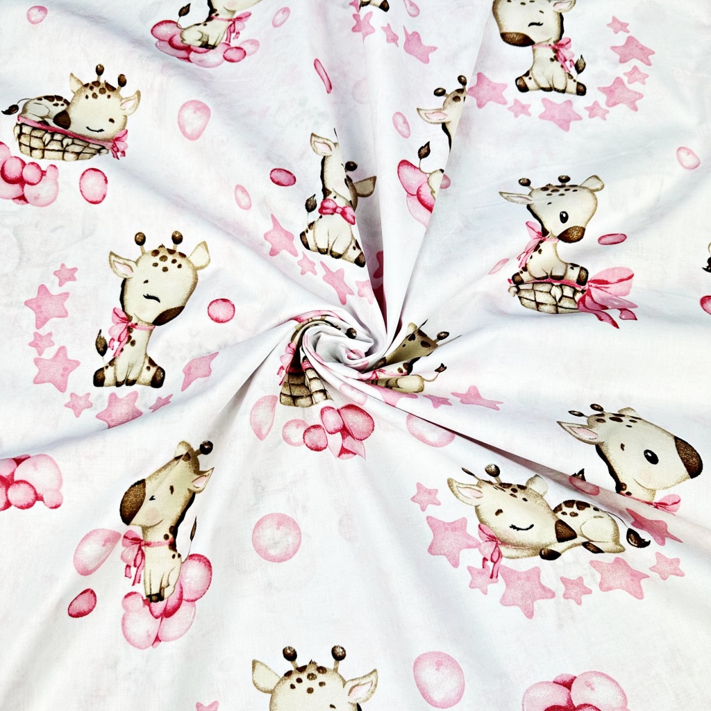 Tkanina bawełniana żyrafy baby różowe na białym tle