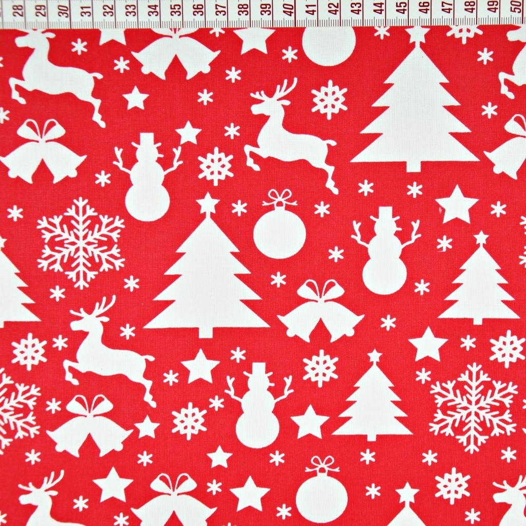 Tkanina wzór świąteczny choinki i bałwanki białe na czerwonym tle