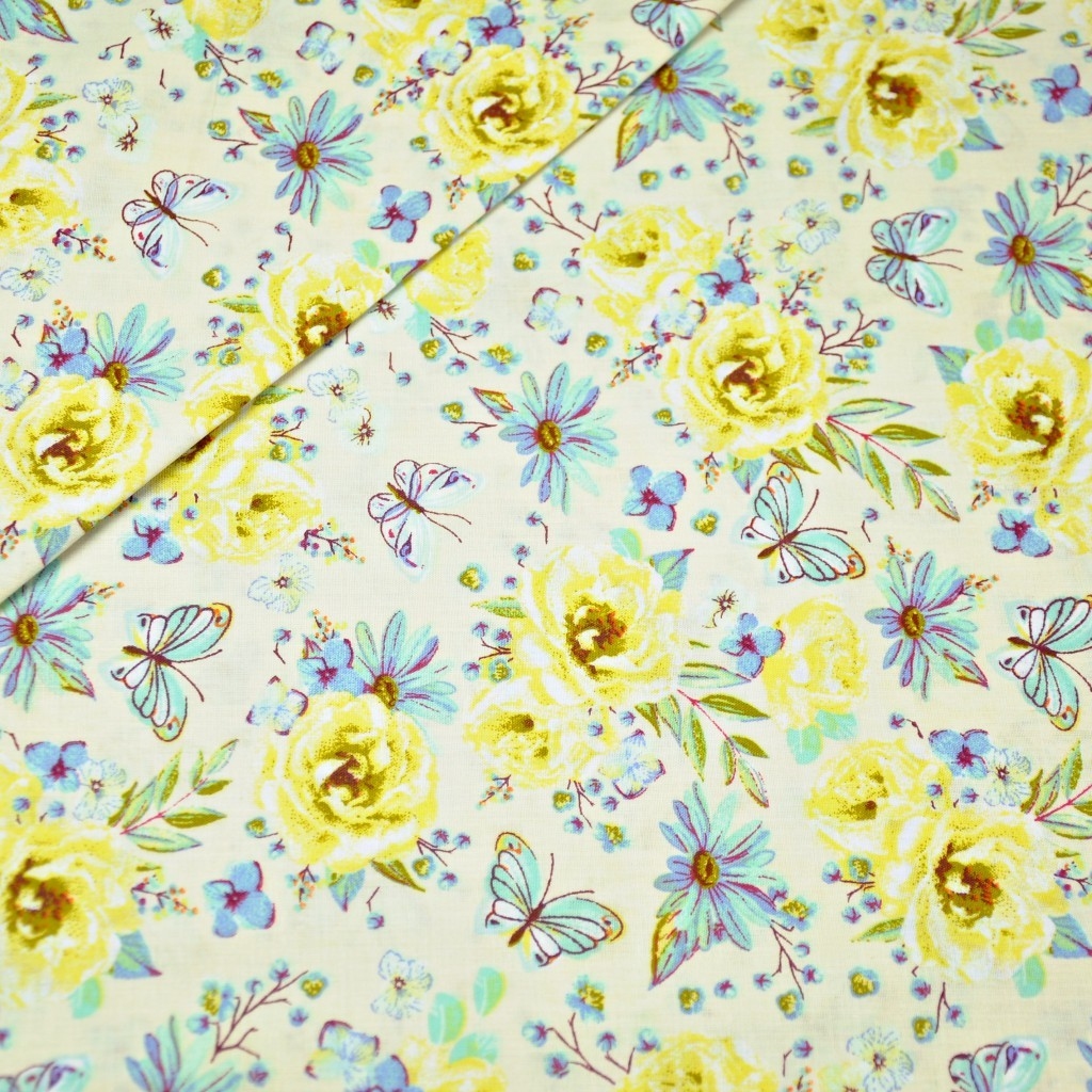 Tkanina w kwiatki z motylkami żółto niebieskie na ecru tle