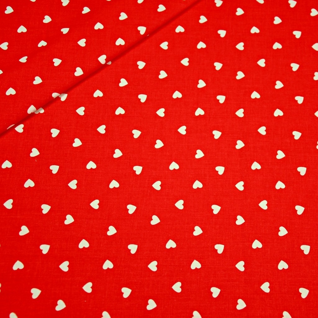 Tkanina w serduszka 8mm białe na czerwonym tle