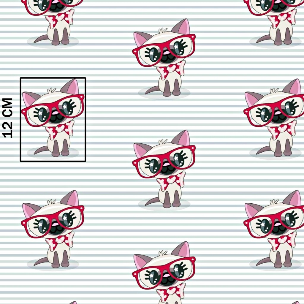 Tkanina w koty w czerwonych okularach na pasiastym tle