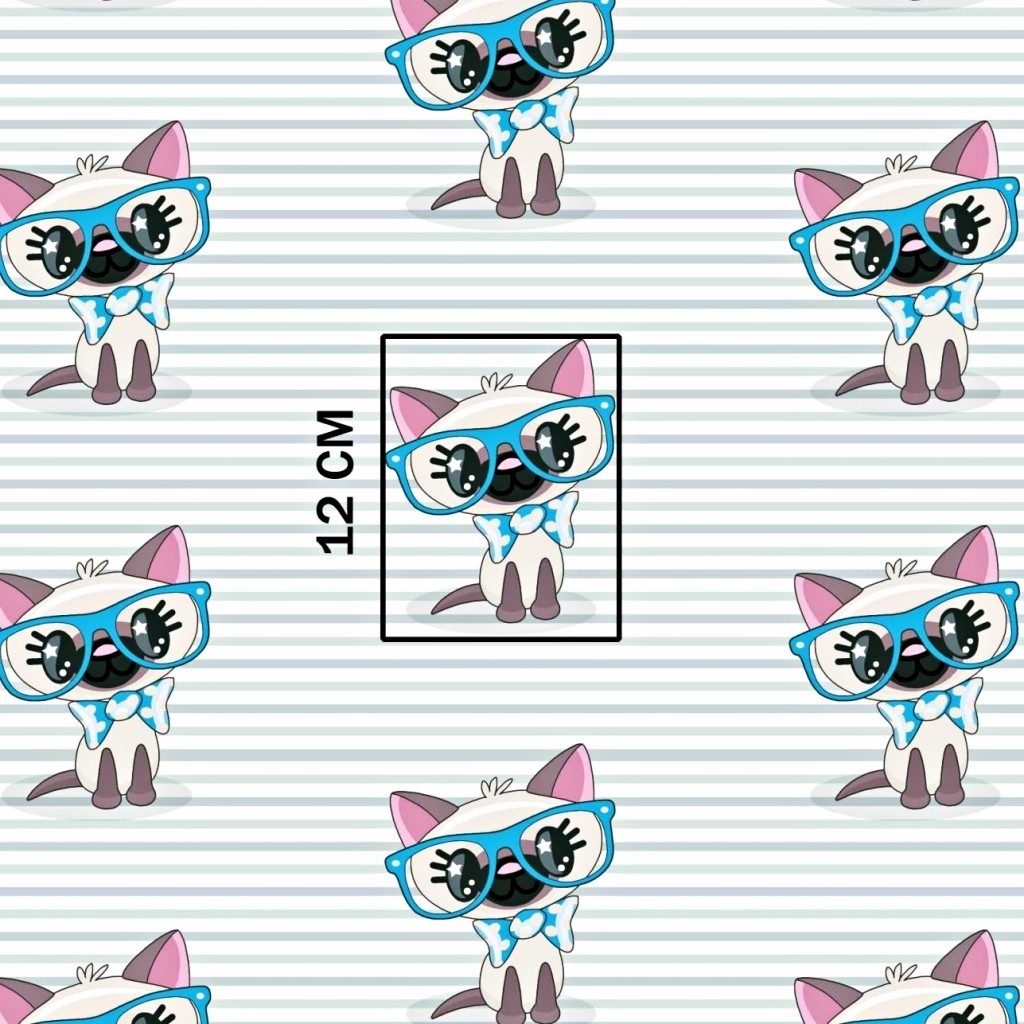 Tkanina w koty w niebieskich okularach na pasiastym tle