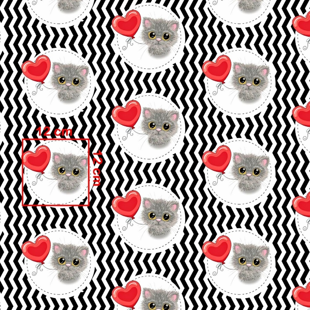 Tkanina w kotki z czerwonym balonikiem na biało czarnym zygzakowym tle