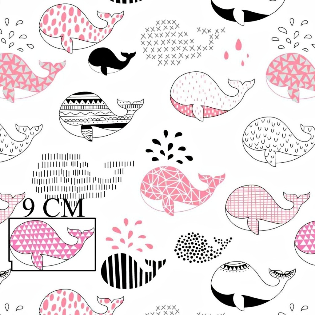 Tkanina w wieloryby wzorzyste czarno różowe na białym tle