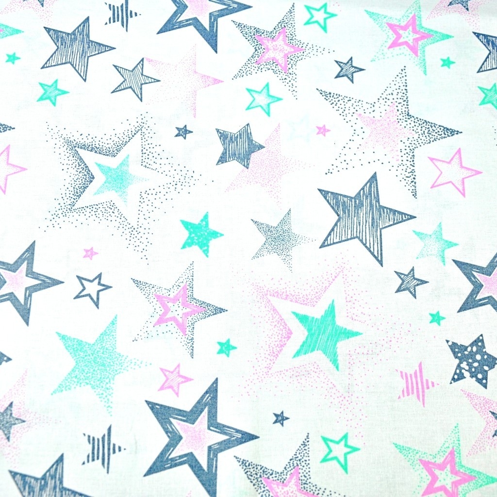 Tkanina w Gwiazdki wzorzyste szaro różowo miętowe na białym tle