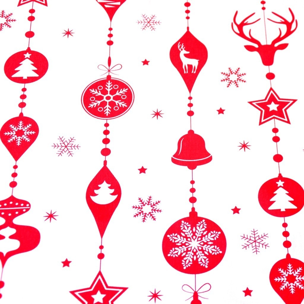 Tkanina wzór świąteczny sznur z bombek czerwone na białym tle