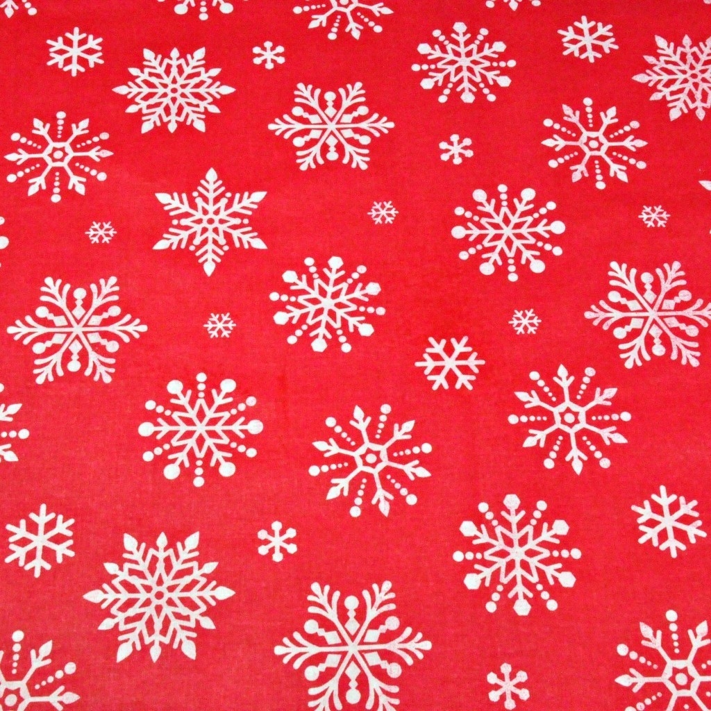 Tkanina wzór świąteczny śnieżynki duże białe na czerwonym tle