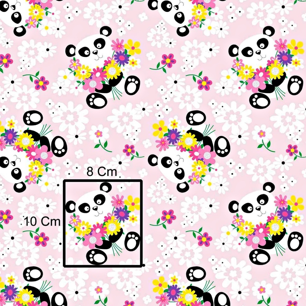Tkanina w Pandy z kwiatkami na różowym tle