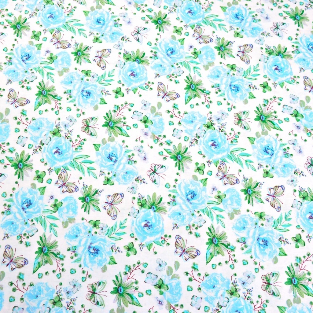 Tkanina w kwiatki z motylkami błękitno zielone na białym tle