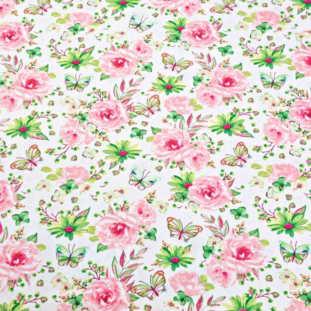 Tkanina w kwiatki z motylkami różowo zielone na białym tle