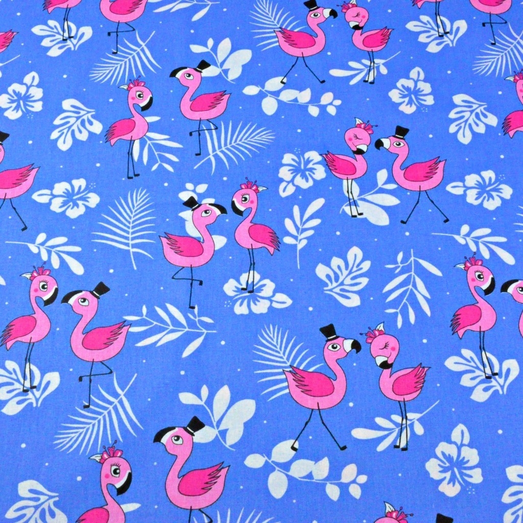 Tkanina w flamingi różowe z listkami na niebieskim tle