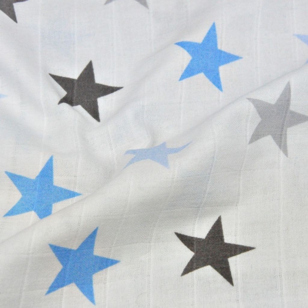 Tkanina Muślin Bawełniany niebiesko szare gwiazdki na białym tle